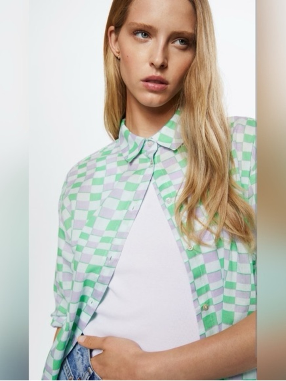 MANGO MNG Checkered Cotton Button Down Shirt Size Small